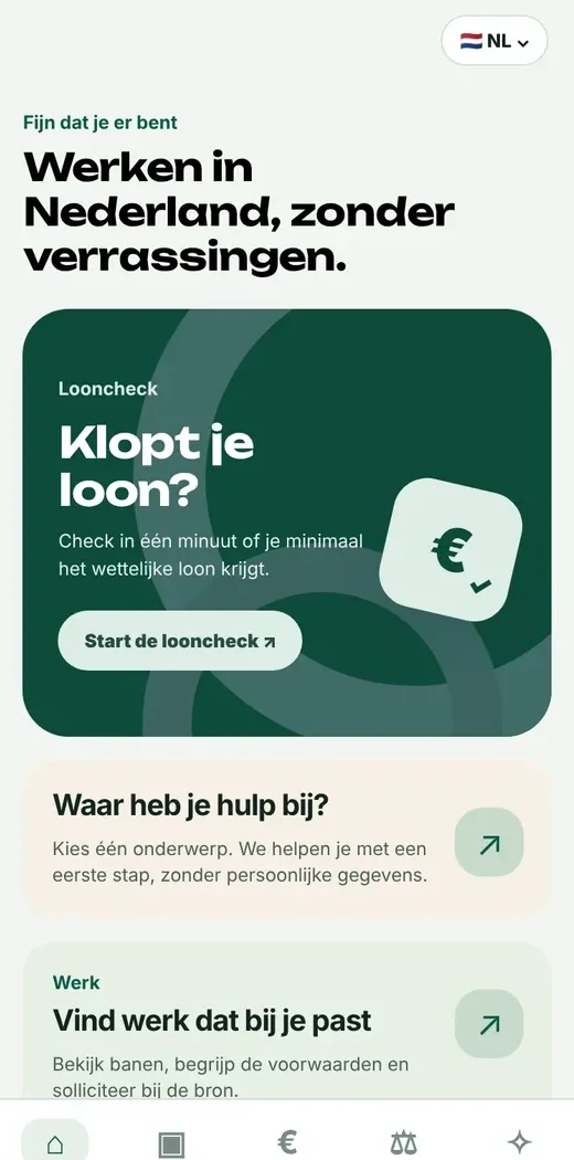Startscherm van Komvaya met looncheck, hulp en werk zoeken